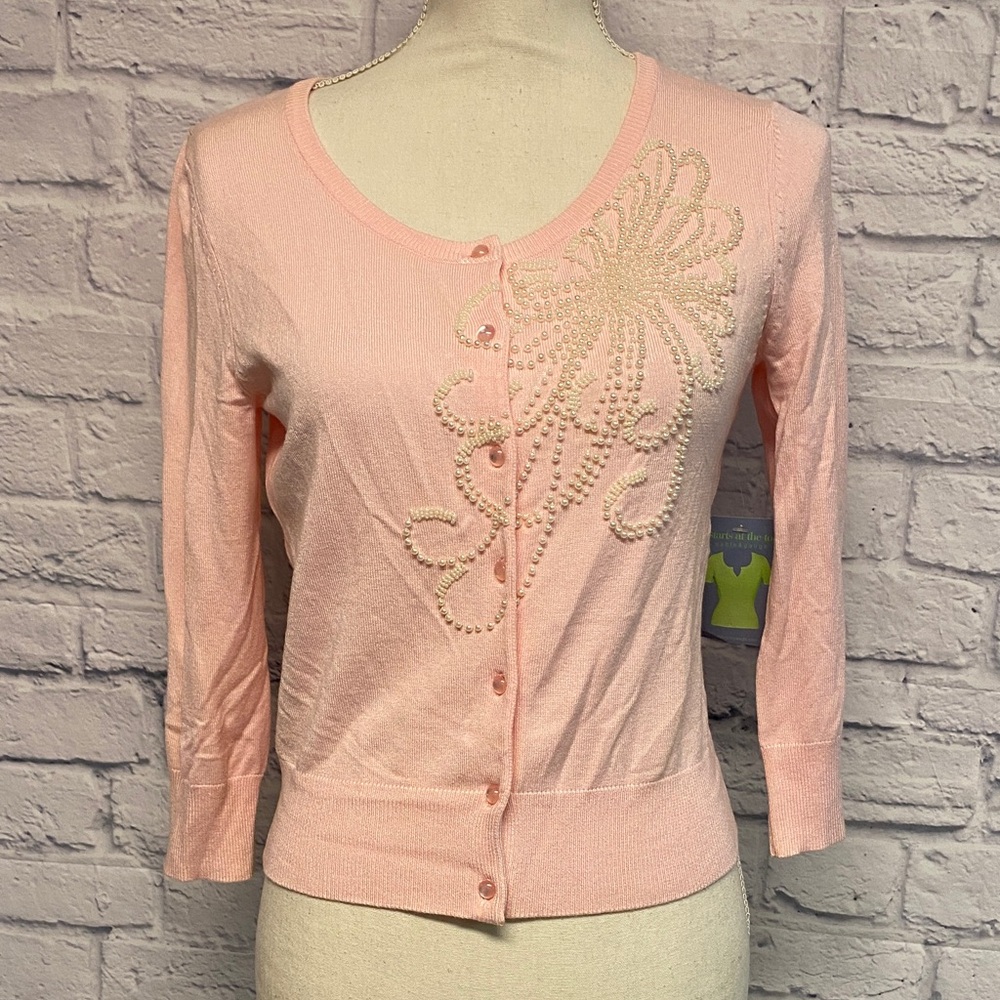 NWT Cable & Gauge Pale Pink Cardigan with Pearl Embellishments Size Small